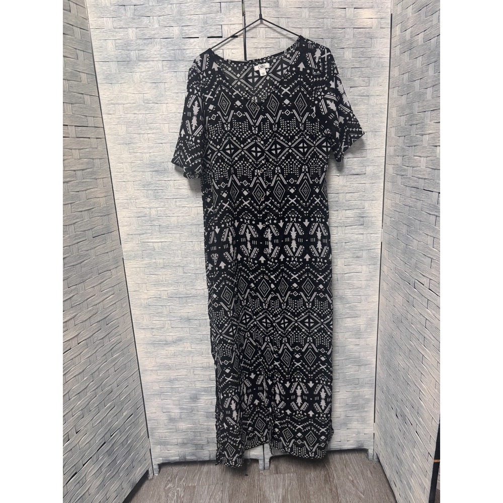 Cato Women L Maxi Dress Black‎ White Geometric Tribal V-Neck Short Sleeve Boho